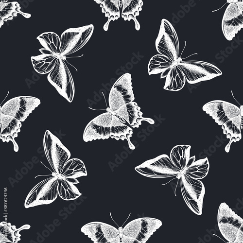 Seamless pattern with hand drawn chalk emerald swallowtail, swallowtail butterfly