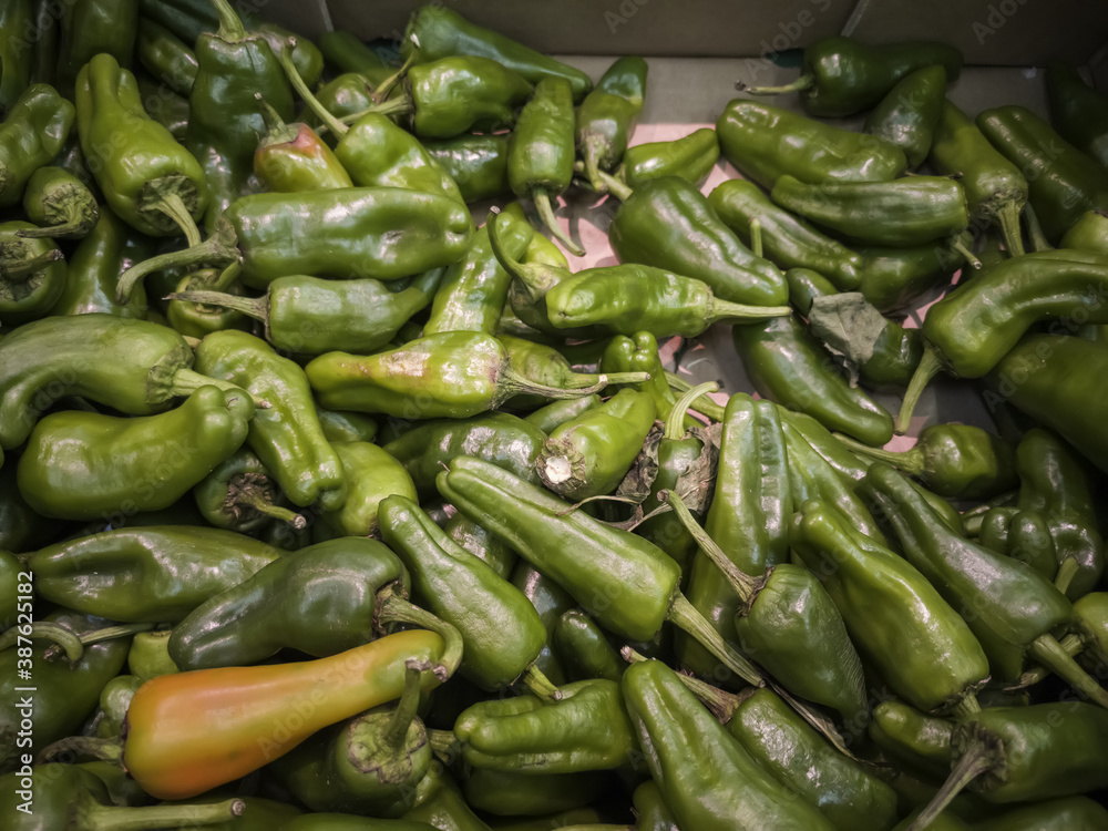 Ecological green peppers in a market