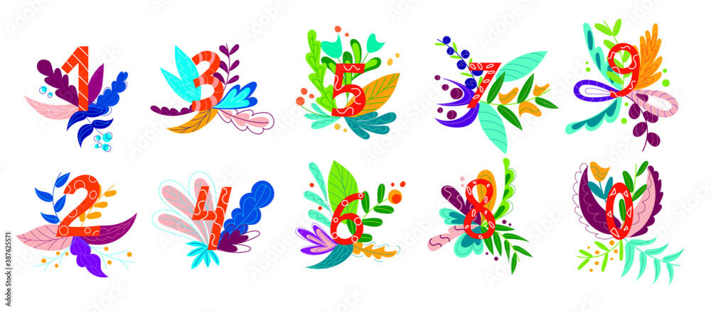 Numbers from 0 to 9. Cartoon flowers and floral print. Colorful vector illustration Numbers from 0 to 9. Cartoon flowers and floral print. Colorful vector illustration