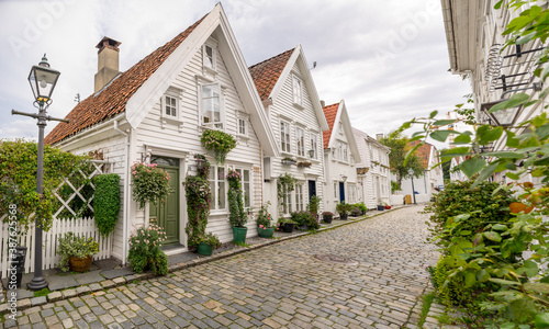 Stavanger's historic Old Town (Gamle Stavanger) with beautiful, traditional, white wooden houses. Stavanger, Norway