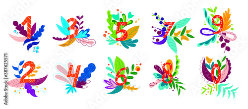 Numbers from 0 to 9. Cartoon flowers and floral print. Colorful vector illustration