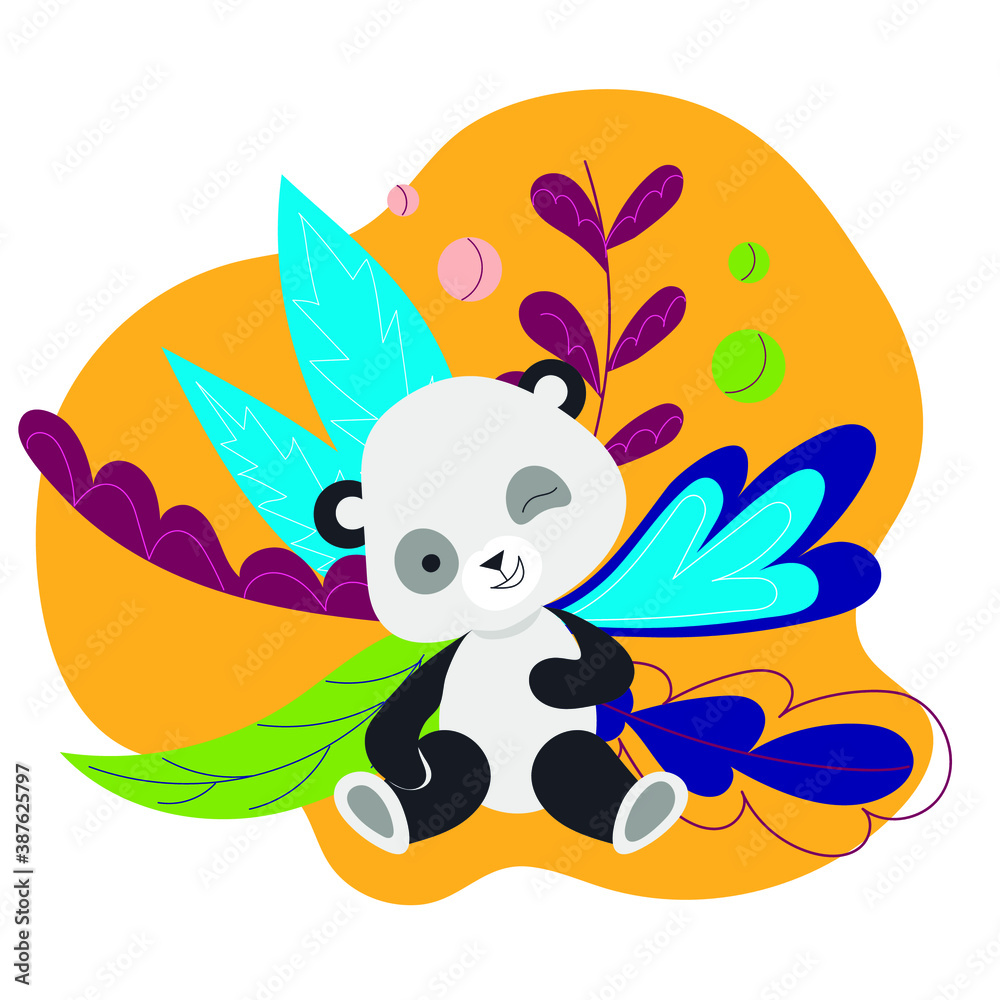 Cartoon panda in a floral background. Vector illustration