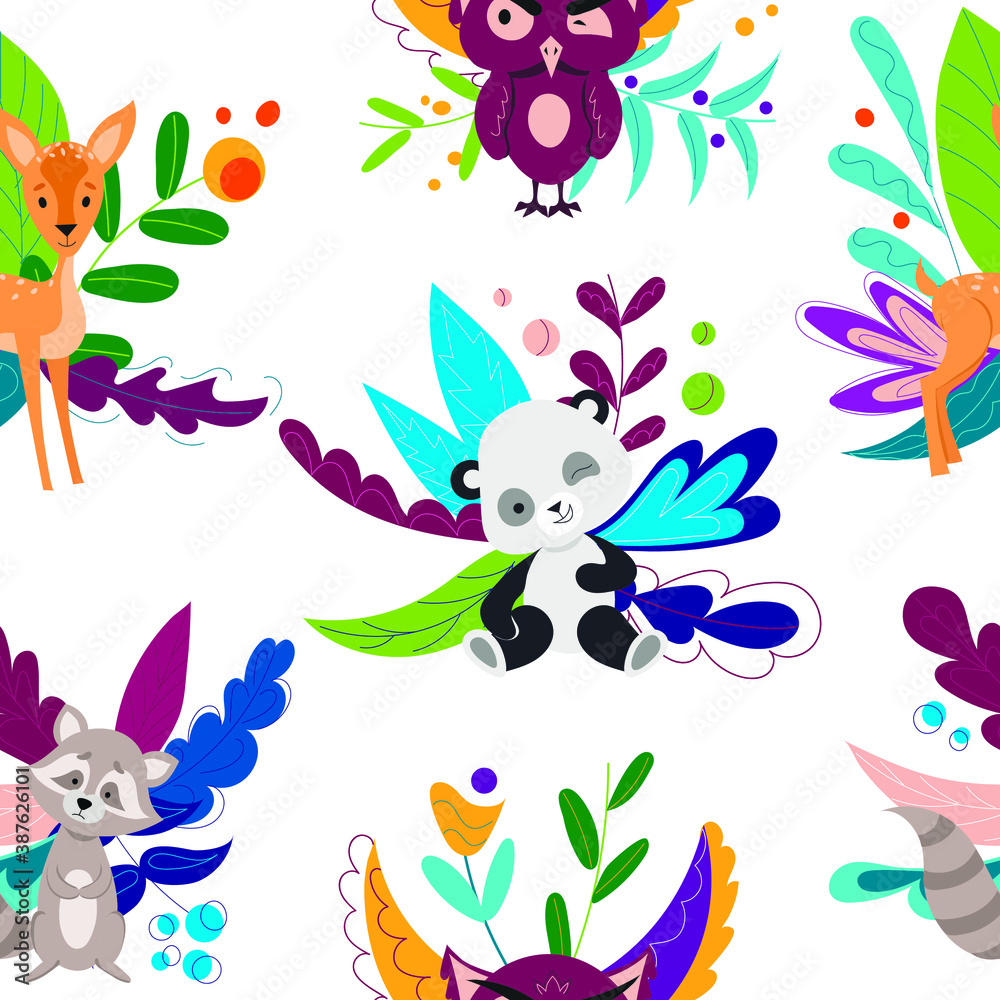 Pattern of cartoon animals with a floral print. Panda, owl, deer