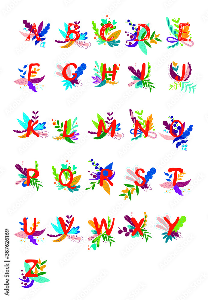 English alphabet and floral print. Colorful vector illustration