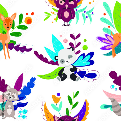 Pattern of cartoon animals with a floral print. Panda  owl  deer
