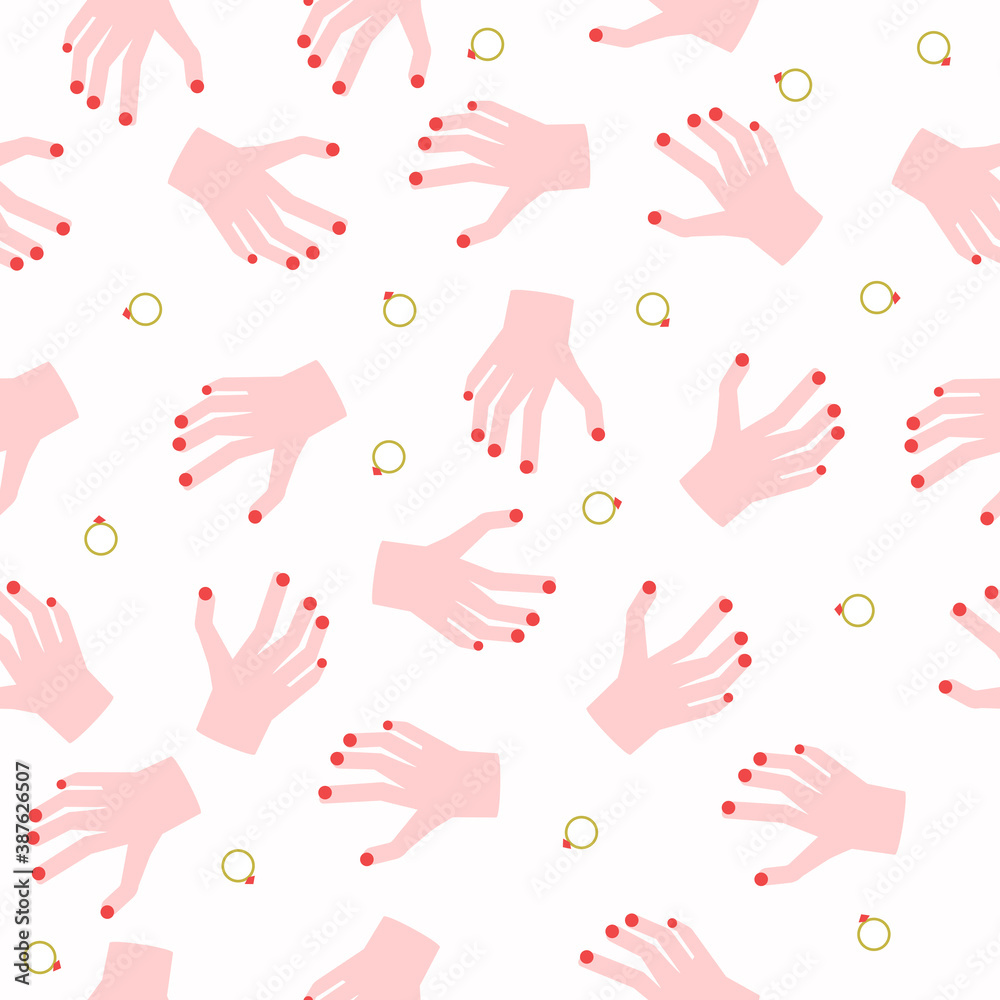 Seamless pattern with female hands and palms together with golden rings Seamless pattern with female hands and palms together with golden rings