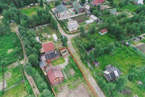 Aerial Townscape of Suburban Village Cheremushki located in Northwestern Russia on the Kola Peninsula near the town Kandalaksha