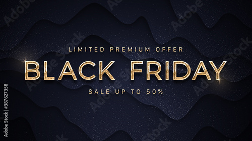 Black Friday Sale Elegant Luxury Elite Golden Typography Design Vector Abstract Background. Golden Text Black Friday On Wavy Smooth Lines 3D Dark Blue Background With Silver Confetti
