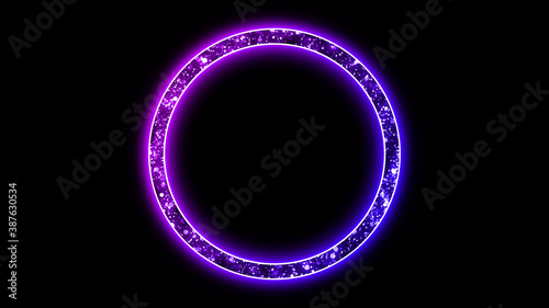 Purple and blue neon circle with glitter on a black background. Shiny neon light on a dark background. Abstract background and wallpaper.