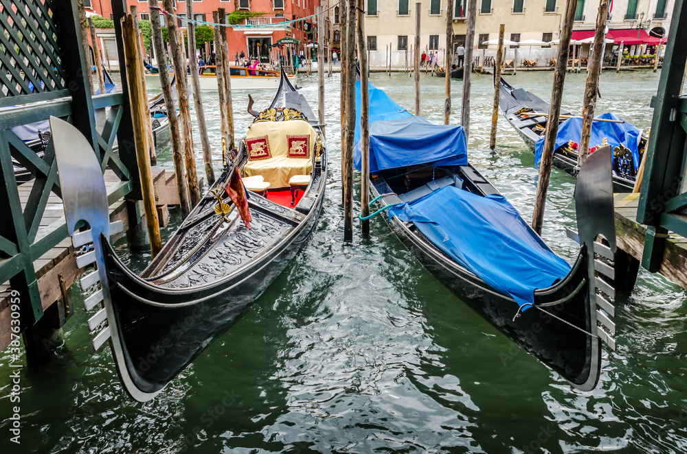 Gondolas moored in Venice, Italy.
