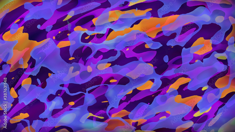 Colorful watercolor abstraction, violet and orange spots and splashes, bright painted illustration, decorative background and wallpaper