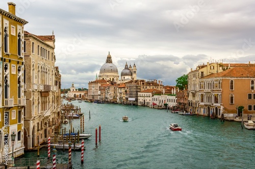 Beautiful stunning scene of Santa Maria church in grand canel during sunset. Venice, Italy.