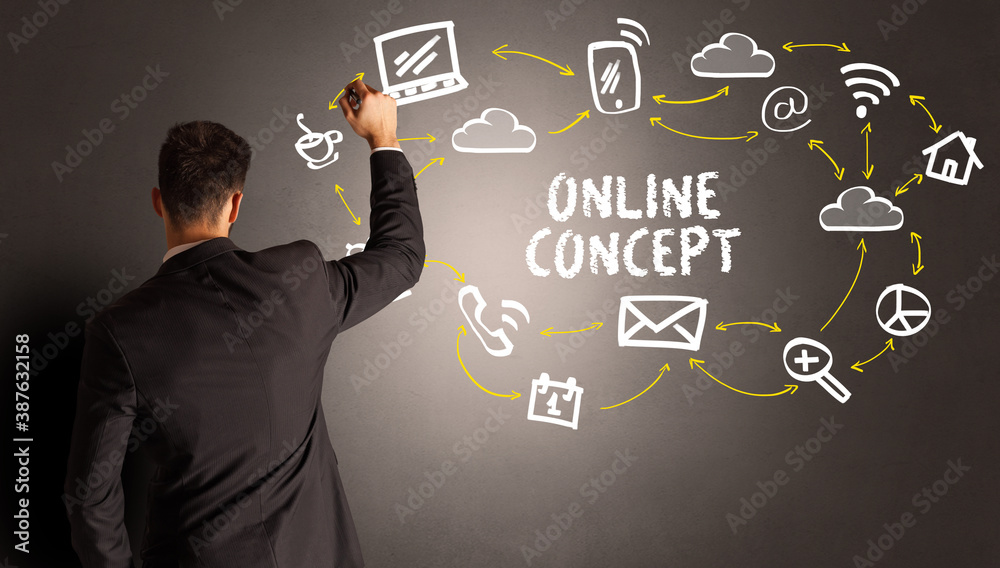 businessman drawing social media icons with ONLINE CONCEPT inscription, new media concept businessman drawing social media icons with ONLINE CONCEPT inscription, new media concept