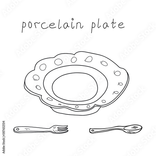 Porcelain plate with fork and spoon. Artistic cartoon doodle hand drawn crockery illustration vector sketch