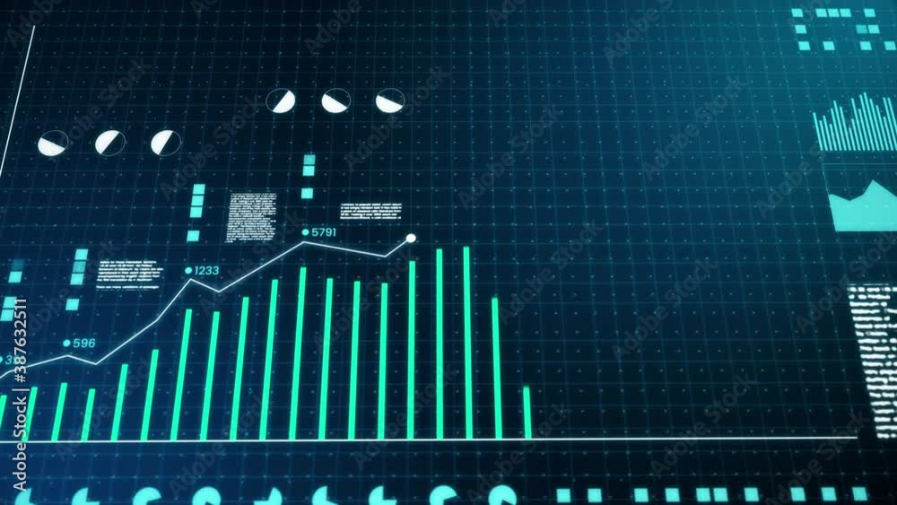Growing business bar chart with digital technology elements blue and white. hi-tech style tech hud element and grid. Camera movement with depth of field. 4K high quality animation.