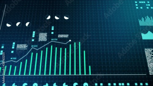 Growing business bar chart with digital technology elements blue and white. hi-tech style tech hud element and grid. Camera movement with depth of field. 4K high quality animation.