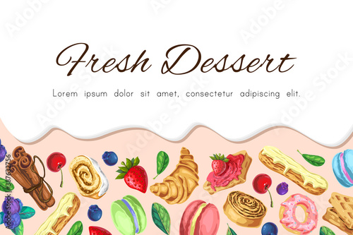 vector bakery pastry background with desserts, berries, dripping cream and place for text. cute sweets and pastries pink horizontal banner. for cafe layout, menu, package design, landing page design.