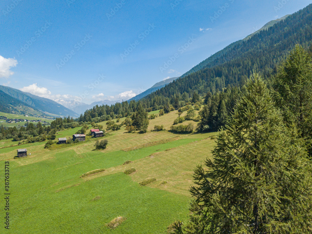 Aerial view of Goms valley in Switzerland from above during summer. Green forest on mountain slopes in Swiss alps.