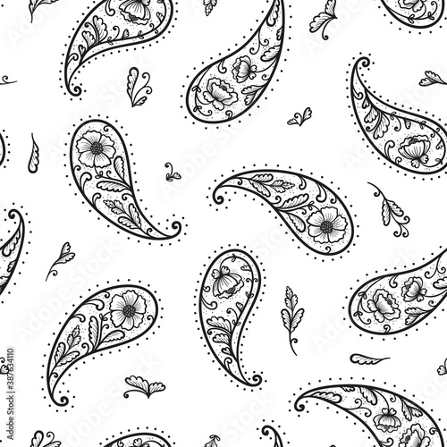 Paisley Bandana Ornament Print. Vintage Oriental Paisley Seamless Pattern. Boho Style Vector Floral Background. Great for Silk Neck Scarf, Headscarf or Kerchief Designs