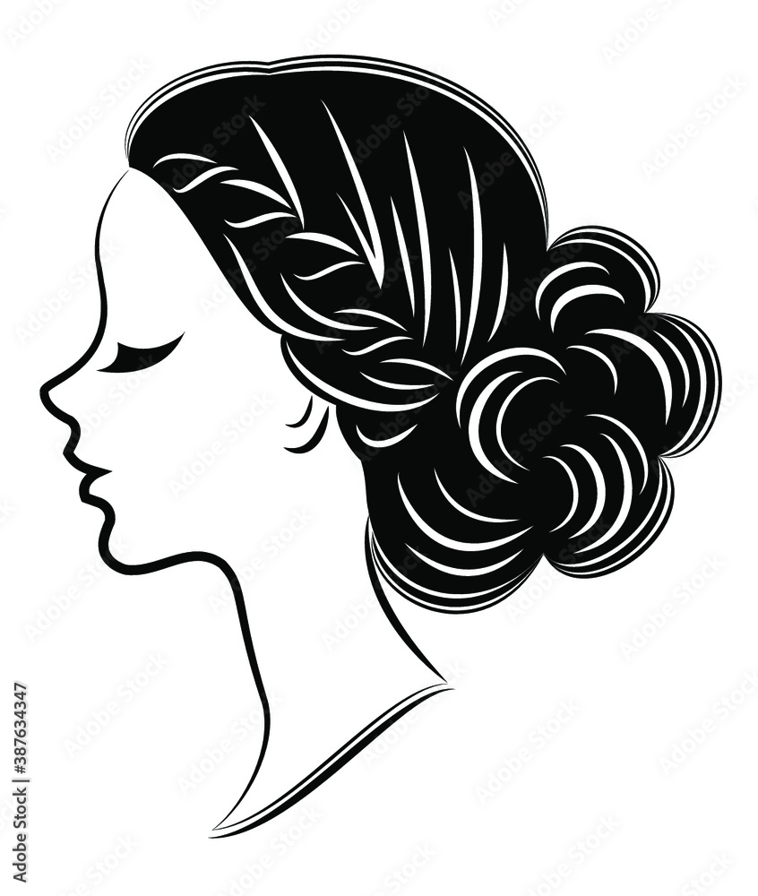 Silhouette of a profile of a sweet lady's head. The girl shows a female hairstyle on medium and long hair. Suitable for logo, advertising. Vector illustration. Silhouette of a profile of a sweet lady's head. The girl shows a female hairstyle on medium and long hair. Suitable for logo, advertising. Vector illustration.