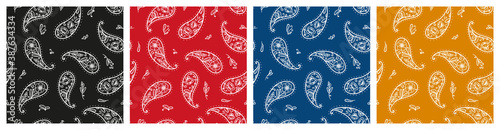 Set of Black, Red, Blue, Yellow Paisley Bandana Ornament Prints. Vintage Oriental Paisley Seamless Pattern with Poppy Flowers. Boho Style Vector Floral Background. Great for Silk Neck Scarf, Headscarf