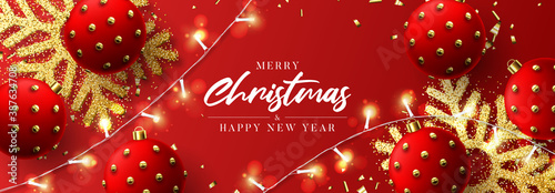 Merry Christmas and Happy New Year banner. Holiday background with realistic Christmas balls, sparkling light garlands, confetti and snowflakes. Vector illustration.