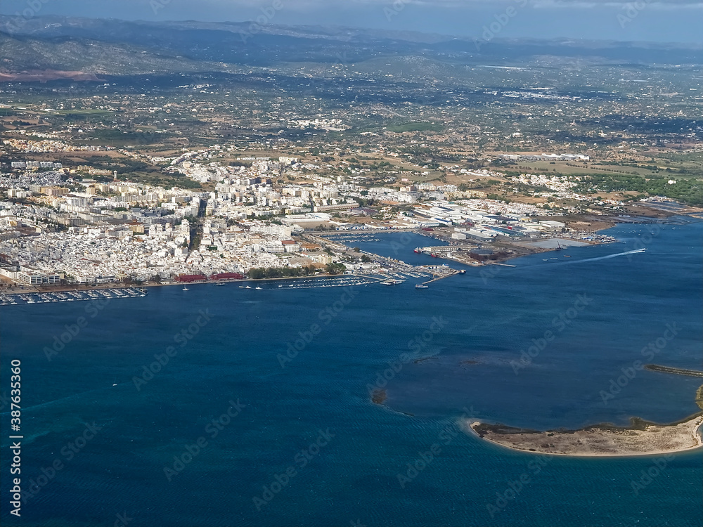 Aerial view of Olhao at the beautiful Algarve coast in Portugal seen on a flight to Faro