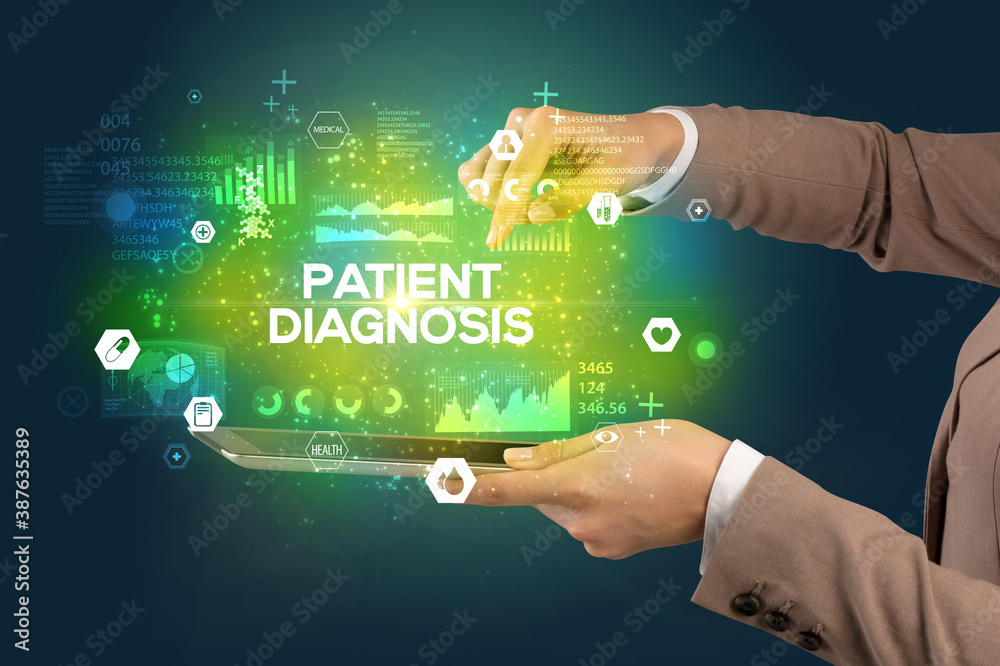 Close-up of a touchscreen with PATIENT DIAGNOSIS inscription, medical concept Close-up of a touchscreen with PATIENT DIAGNOSIS inscription, medical concept
