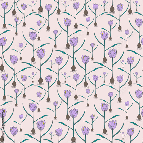 Seamless botanical pink pattern with purple tulips with bulbs