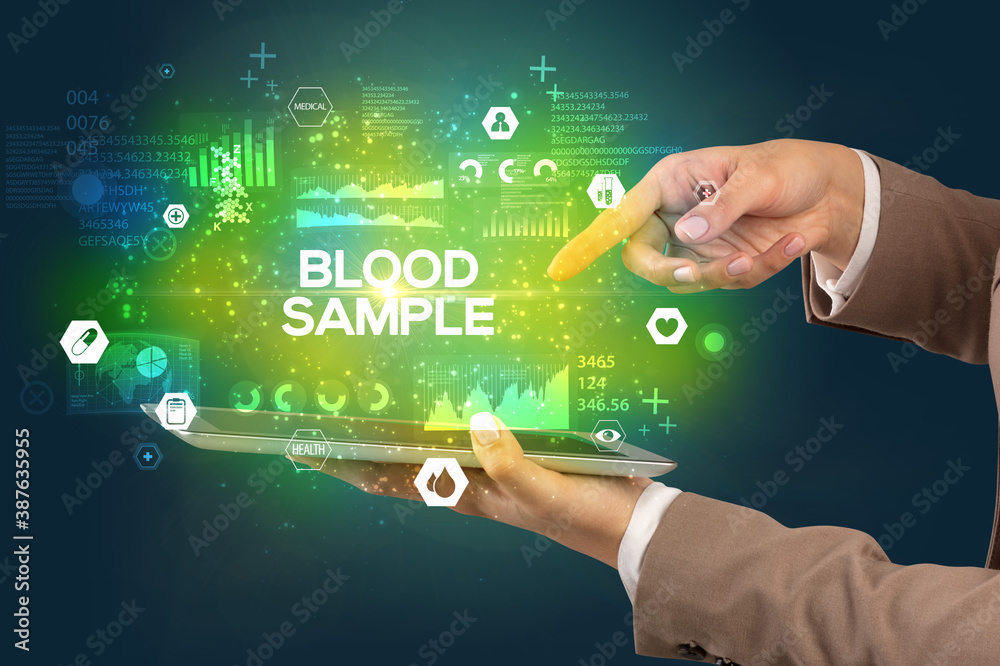 Close-up of a touchscreen with BLOOD SAMPLE inscription, medical concept Close-up of a touchscreen with BLOOD SAMPLE inscription, medical concept
