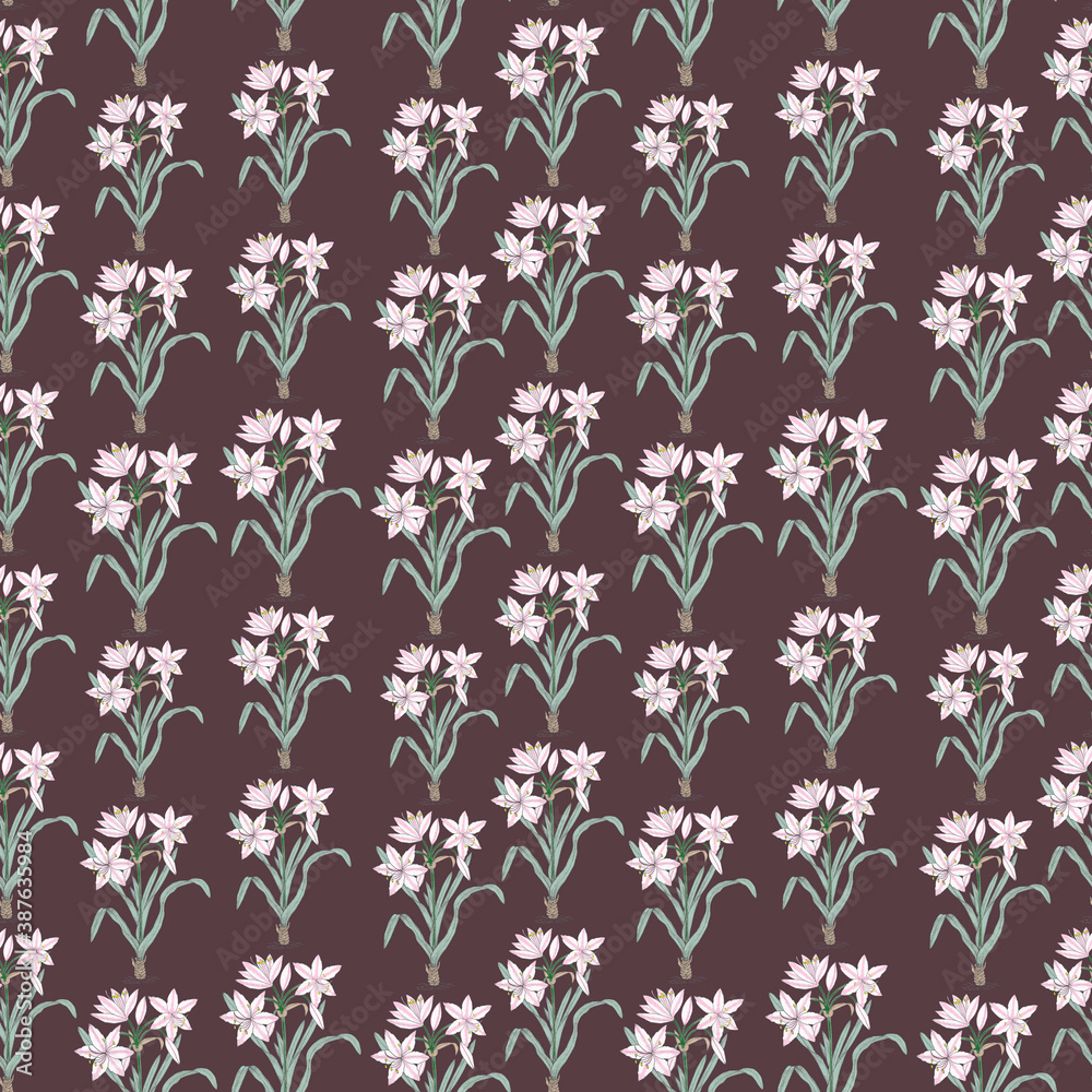 Fototapeta premium Seamless botanical brown pattern with white and pink flowers
