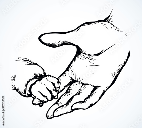 Children's hand holds on to mother's arm. Vector drawing