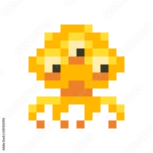 Cute orange space invader monster, game enemy in pixel art style on white