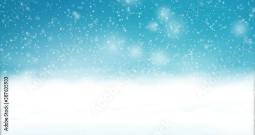 Blue winter background with snowfall. Snow banks with snowstorm. Decorative snowflakes.