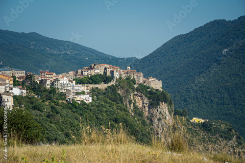 Canvastavla Beautiful Norma village with ancient romanesque ruins and medieval houses on the top of the hill