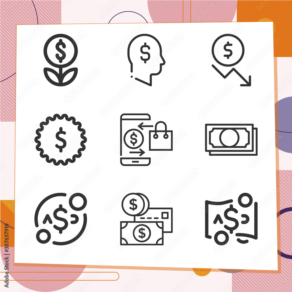 Simple set of 9 icons related to bank note