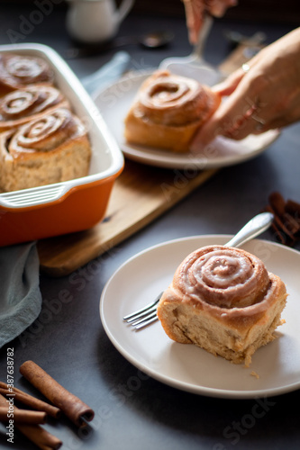 Fresh baked homemade cinnamon rolls with icing, real autumn vibes