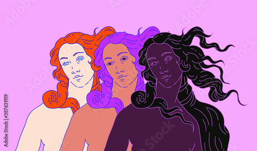 Modern vector line art Illustration or the Venus or Aphrodite Goddess  in doodle sketch style. Diverse women of different ethnicity and appearance. Poster about Feminism and Woman Power issues.