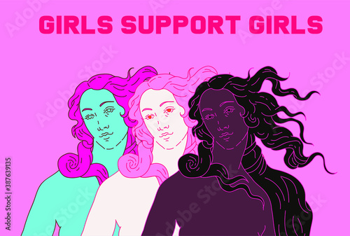 Modern vector line art Illustration or the Venus or Aphrodite Goddess  in doodle sketch style. Diverse women of different ethnicity and appearance. Poster about Feminism and Woman Power issues.