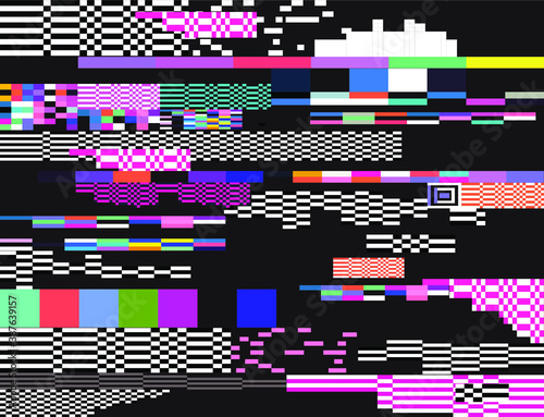 Glitch datamoshing camera effect. Retro VHS background like in old video tape rewind or no signal TV screen. Vaporwave style vector illustration.