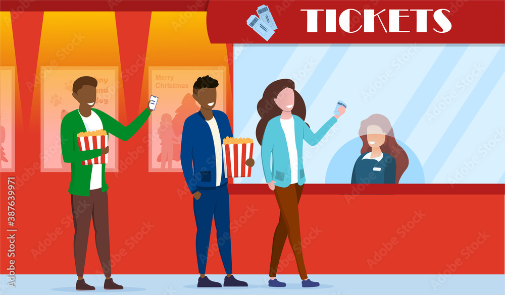 Vecteur Stock Diverse multiracial people queue up at the cinema box office  to buy movie tickets. Flat cartoon vector illustration. | Adobe Stock
