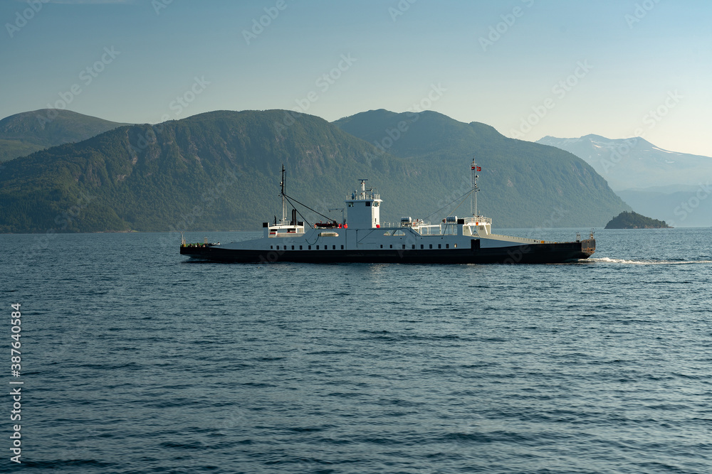 Ferry ship in Lysefjord, sea mountain view, Norway