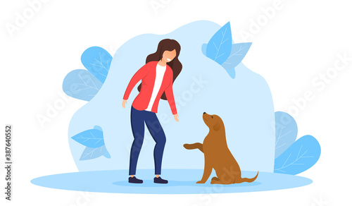 The concept of human and pet friendship with a friendly dog giving its paw to its female owner. Flat cartoon vector illustration.