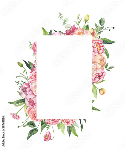 Watercolor floral illustration - leaves and branches frame with flowers and leaves for wedding stationary, greetings, wallpapers, background. Roses, green leaves. High quality illustration