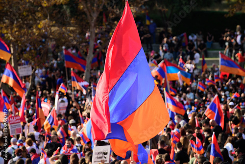 Los Angeles, California, USA - October 2020: Flag of Armenia. Protest and struggle. People of Armenia against the bombing of Artsakh. photo