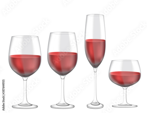 Transparent realistic set of wineglass with red wine vector illustration on white background