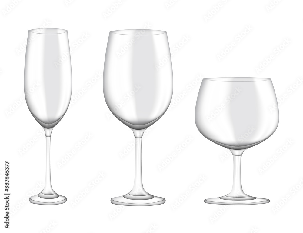 Transparent realistic set of wine glass vector illustration on white background