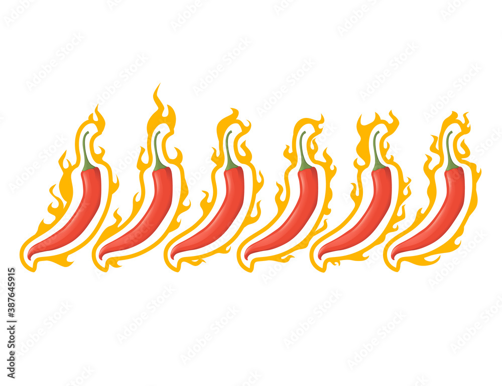 Hot red chili pepper on fire flat vector illustration of hot vegetables spicy food ingredient Hot red chili pepper on fire flat vector illustration of hot vegetables spicy food ingredient
