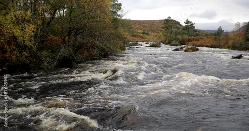 waterfall on Scottish river during rain and spate with autumn foliage, lone trees and cloudy sky background.
