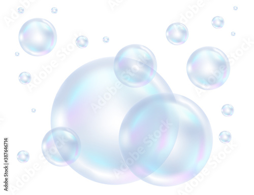 Realistic soap transparent bubbles blue and pink color vector illustration on white background